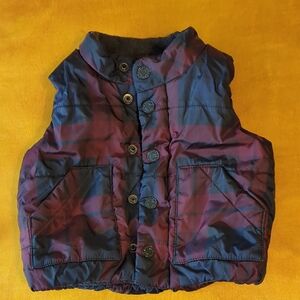GAP Kids Checkered Puffer Vest - Navy and Burgundy